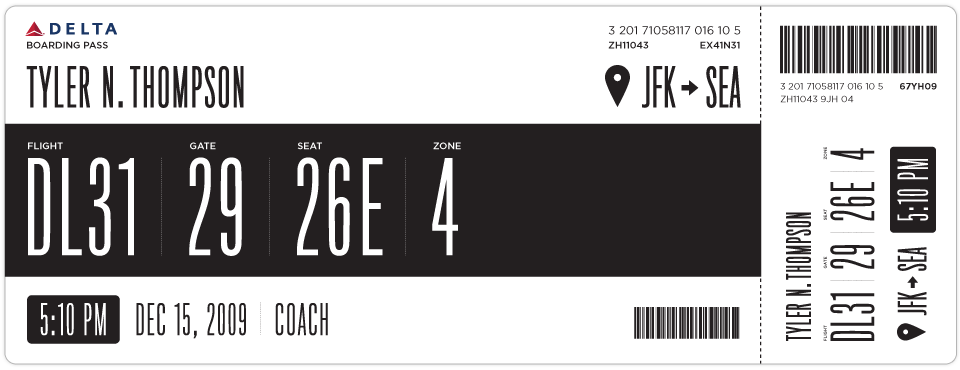 Delta pass with a black band holding FLIGHT, GATE, SEAT, ZONE as small labels over large white values