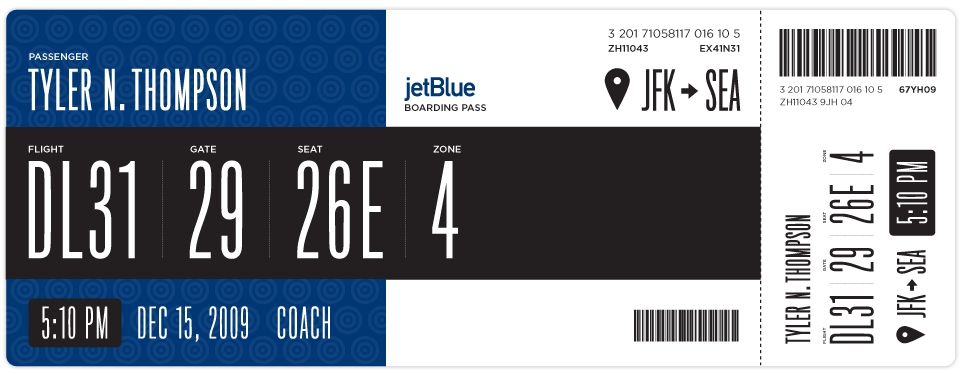JetBlue variant: the same pass with a blue brand panel; the data band stays black and white