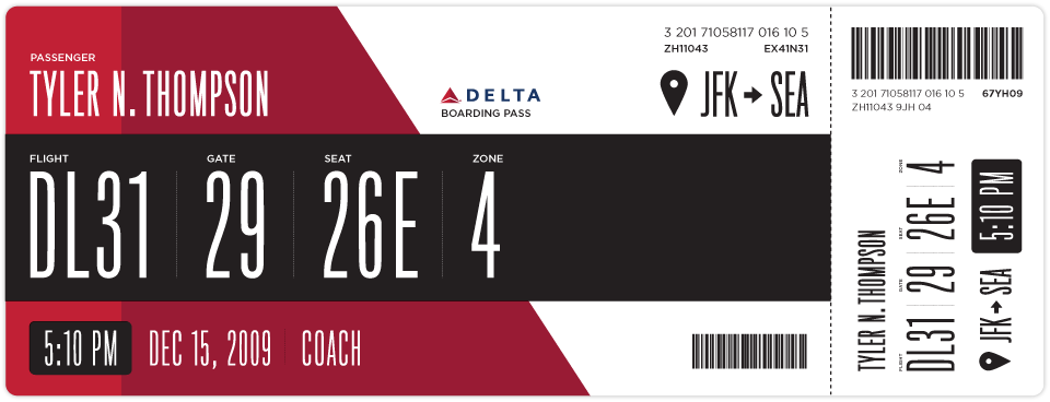 Delta pass with the tear-off stub on the right repeating passenger, flight, gate, seat and time in compact form