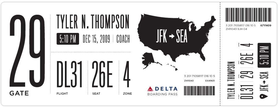 Tyler Thompson's Delta boarding pass with a very large gate number 29 dominating the left side